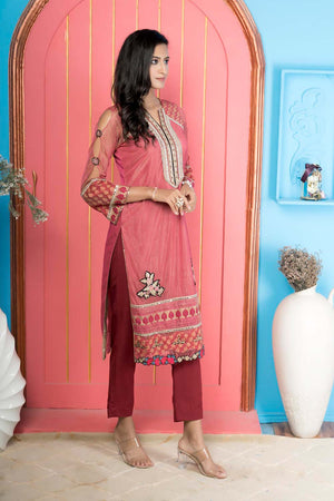 Pink Embroidered Net Straight Cut Kurti Pant Set