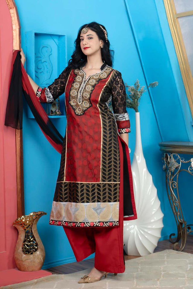 Maroon Embroidered Chanderi Straight Cut Suit Set