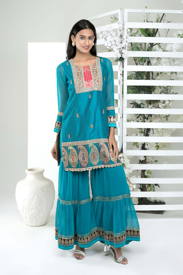 Blue Embroidered Art Silk Straight Cut Sharara Suit Set