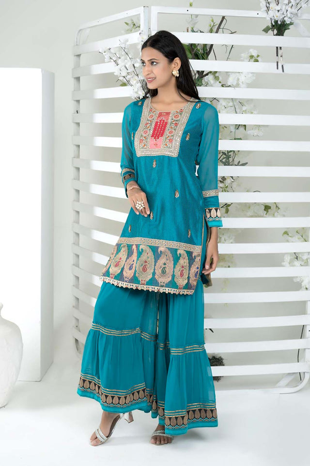 Blue Embroidered Art Silk Straight Cut Sharara Suit Set