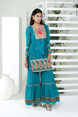 Blue Embroidered Art Silk Straight Cut Sharara Suit Set