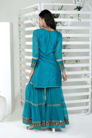 Blue Embroidered Art Silk Straight Cut Sharara Suit Set