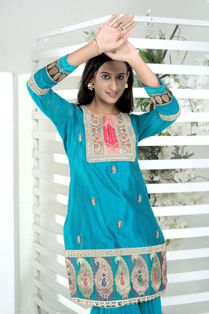 Blue Embroidered Art Silk Straight Cut Sharara Suit Set