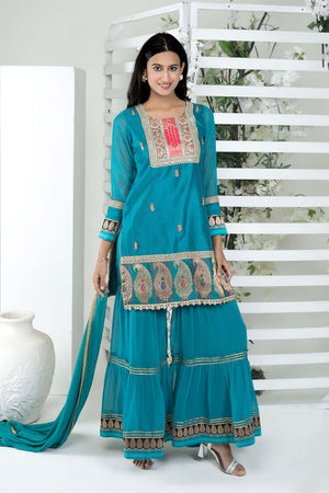 Blue Art Silk Stitched Sharara Suit Set
