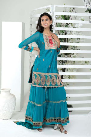 Blue Art Silk Stitched Sharara Suit Set