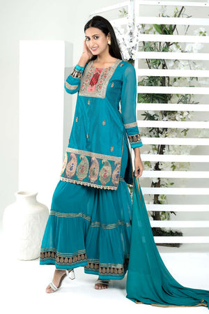 Blue Art Silk Stitched Sharara Suit Set