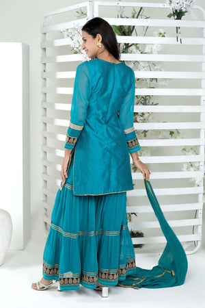 Blue Art Silk Stitched Sharara Suit Set