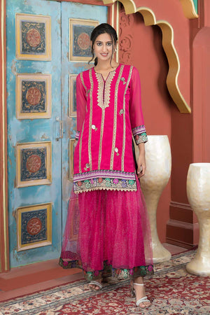 Pink Embroidered Georgette Straight Cut Sharara Suit Set