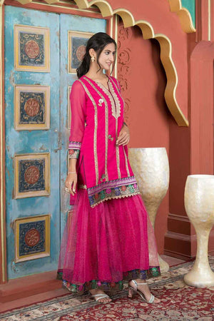 Pink Embroidered Georgette Straight Cut Sharara Suit Set