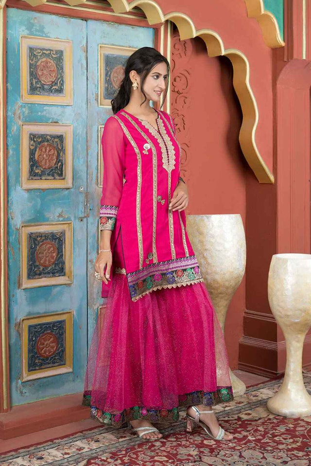 Pink Embroidered Georgette Straight Cut Sharara Suit Set