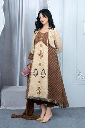 Beige Embroidered Silk Stitched Anarkali Suit Set