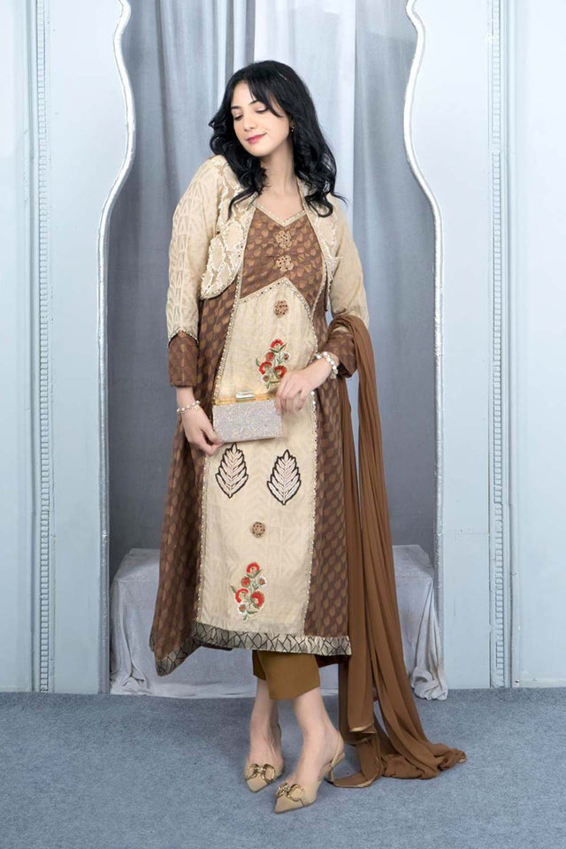 Beige Embroidered Silk Stitched Anarkali Suit Set