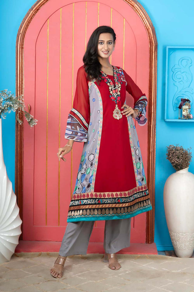 Maroon Embroidered Georgette Anarkali Kurti