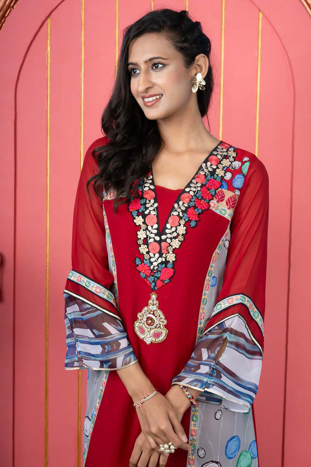 Maroon Embroidered Georgette Anarkali Kurti