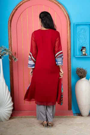 Maroon Embroidered Georgette Anarkali Kurti Palazzo Set