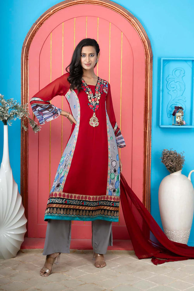 Maroon Georgette Stitched Kurti Palazzo Set