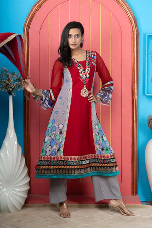 Maroon Georgette Stitched Kurti Palazzo Set