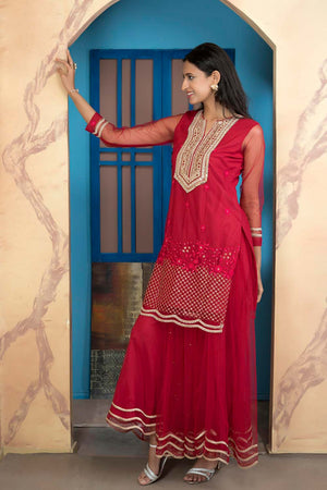 Pink Embroidered Net Straight Cut Kurti