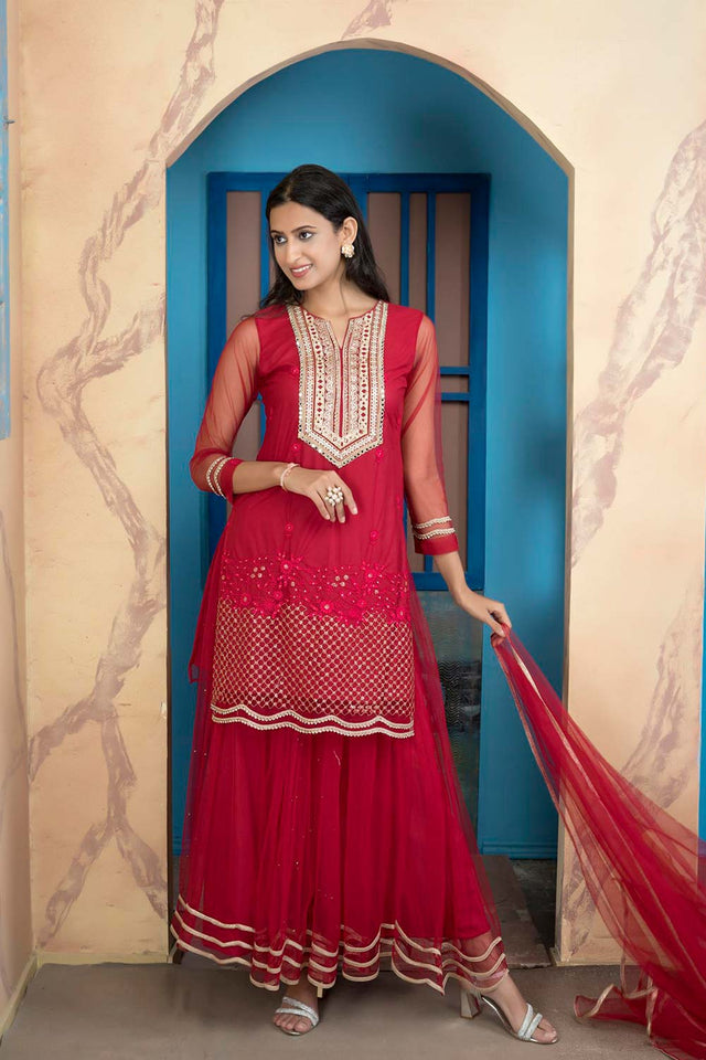 Pink Net Stitched Sharara Suit Set