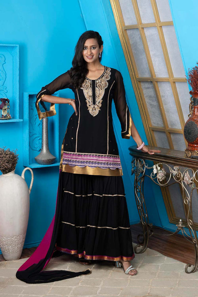 Black Georgette Stitched Sharara Suit Set