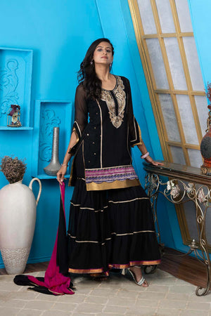 Black Georgette Stitched Sharara Suit Set