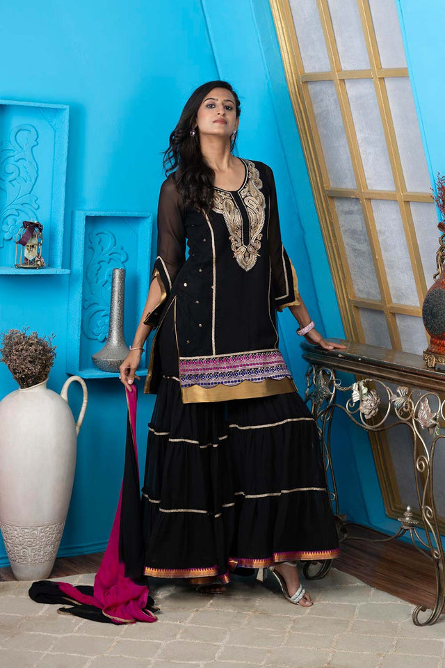 Black Georgette Stitched Sharara Suit Set
