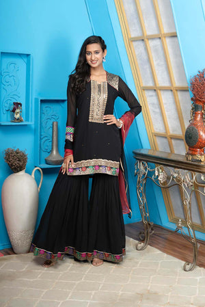 Black Georgette Stitched Sharara Suit Set