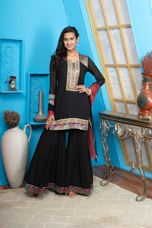 Black Georgette Stitched Sharara Suit Set