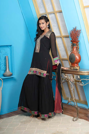 Black Georgette Stitched Sharara Suit Set