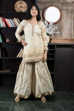 Beige Embroidered Net Straight Cut Sharara Suit Set