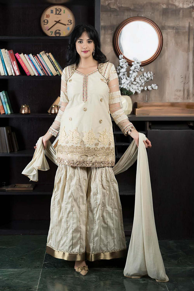 Beige Net Stitched Sharara Suit Set