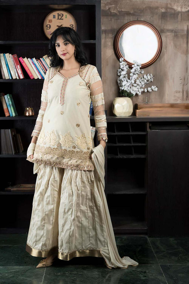 Beige Net Stitched Sharara Suit Set