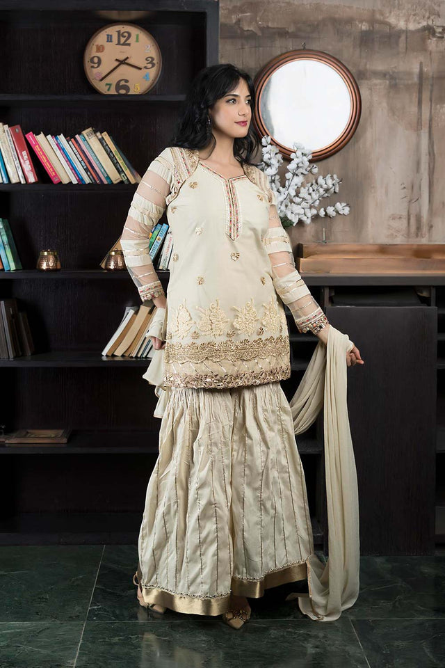 Beige Net Stitched Sharara Suit Set