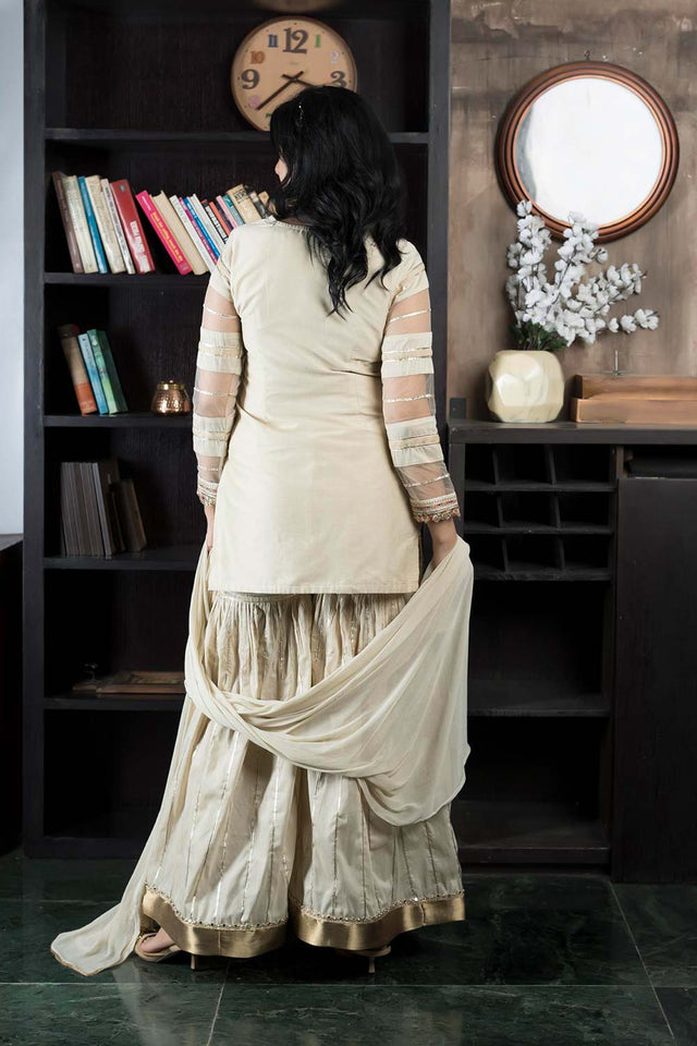 Beige Net Stitched Sharara Suit Set