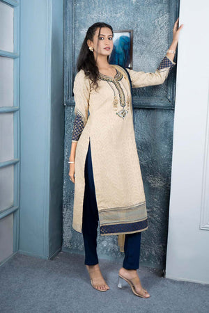 Beige Embroidered Silk Stitched Trouser Kurti With Dupatta