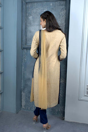 Beige Embroidered Silk Stitched Trouser Kurti With Dupatta