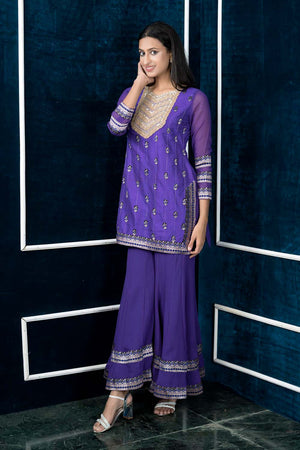 Purple Embroidered Art Silk Straight Cut Sharara Suit Set