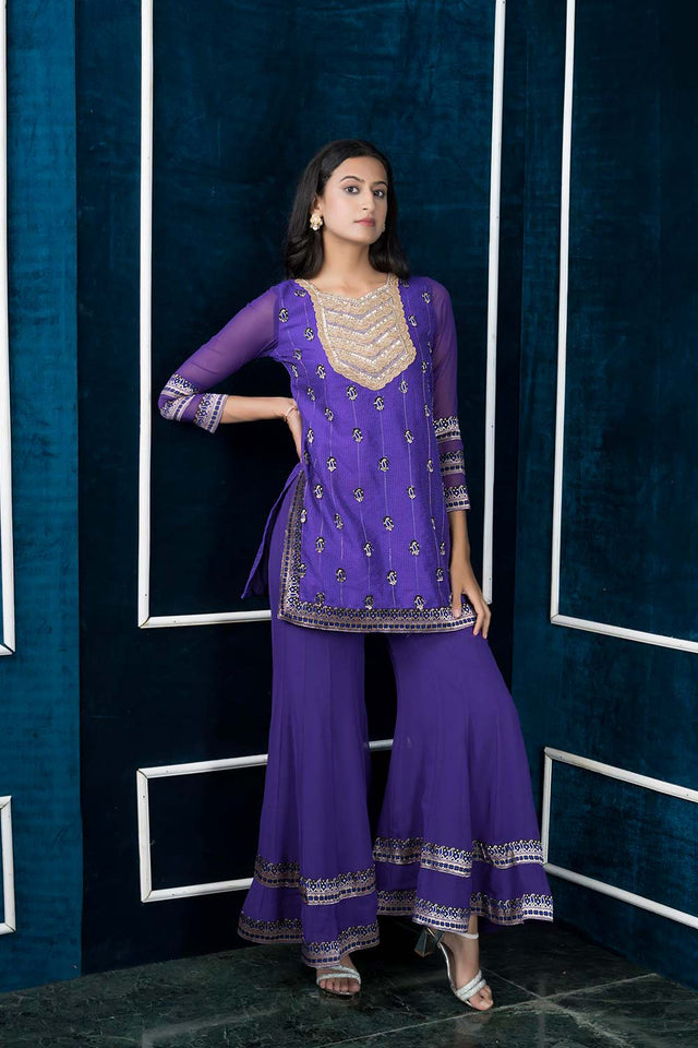 Purple Embroidered Art Silk Straight Cut Sharara Suit Set