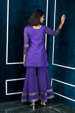 Purple Embroidered Art Silk Straight Cut Sharara Suit Set