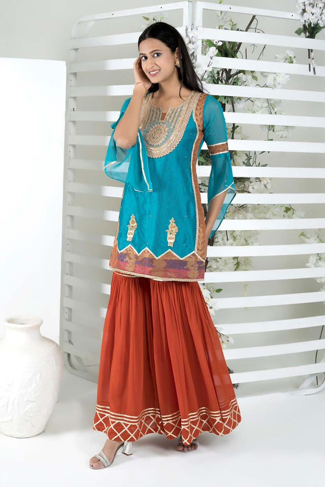 Blue Embroidered Art Silk Straight Cut Sharara Suit Set
