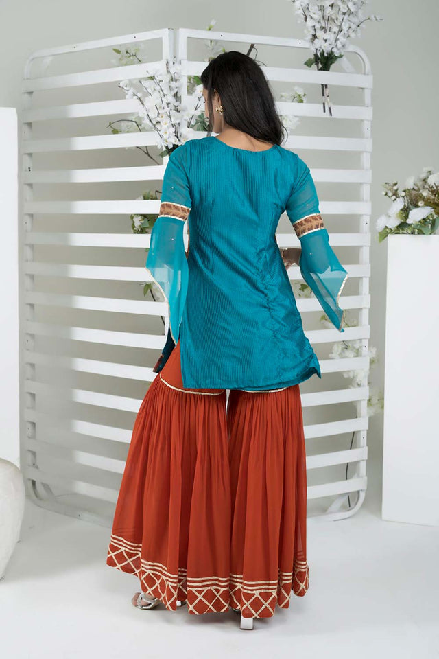 Blue Embroidered Art Silk Straight Cut Sharara Suit Set