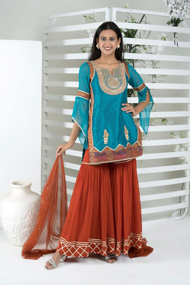 Blue Art Silk Stitched Sharara Suit Set