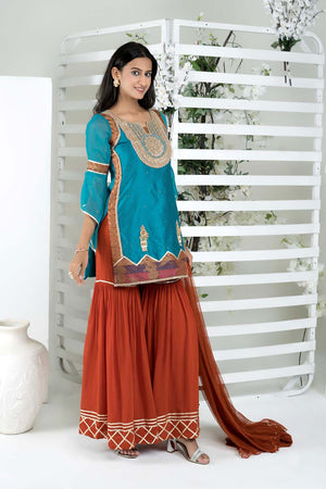 Blue Art Silk Stitched Sharara Suit Set
