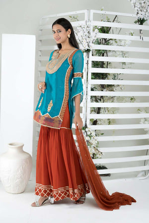Blue Art Silk Stitched Sharara Suit Set