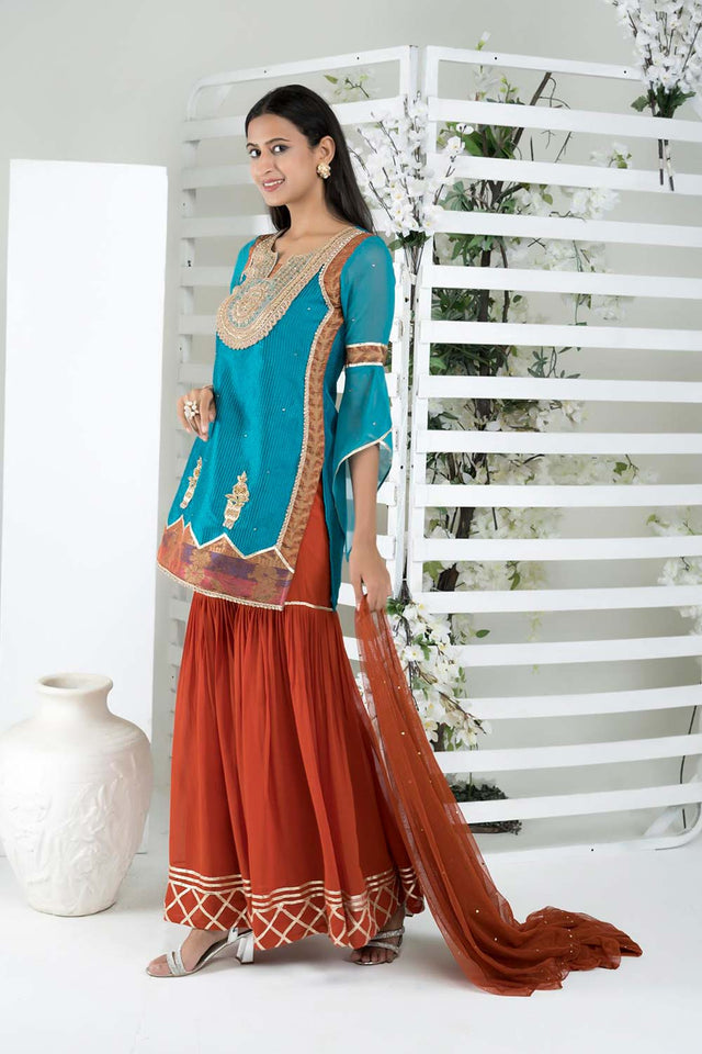Blue Art Silk Stitched Sharara Suit Set