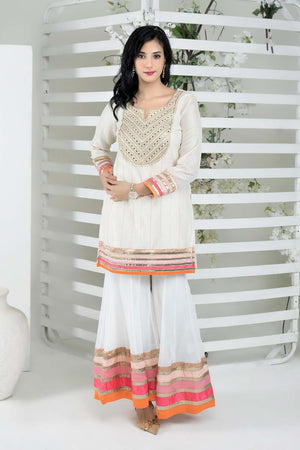 Off-White Embroidered Art Silk Straight Cut Sharara Suit Set