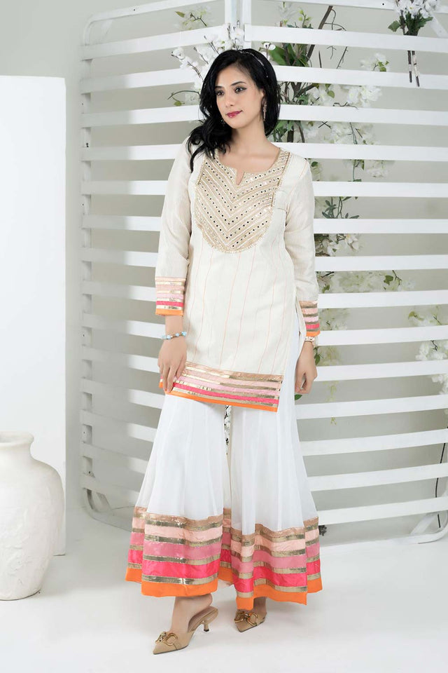 Off-White Embroidered Art Silk Straight Cut Sharara Suit Set