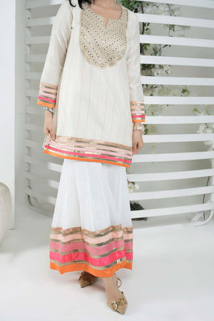 Off-White Embroidered Art Silk Straight Cut Sharara Suit Set