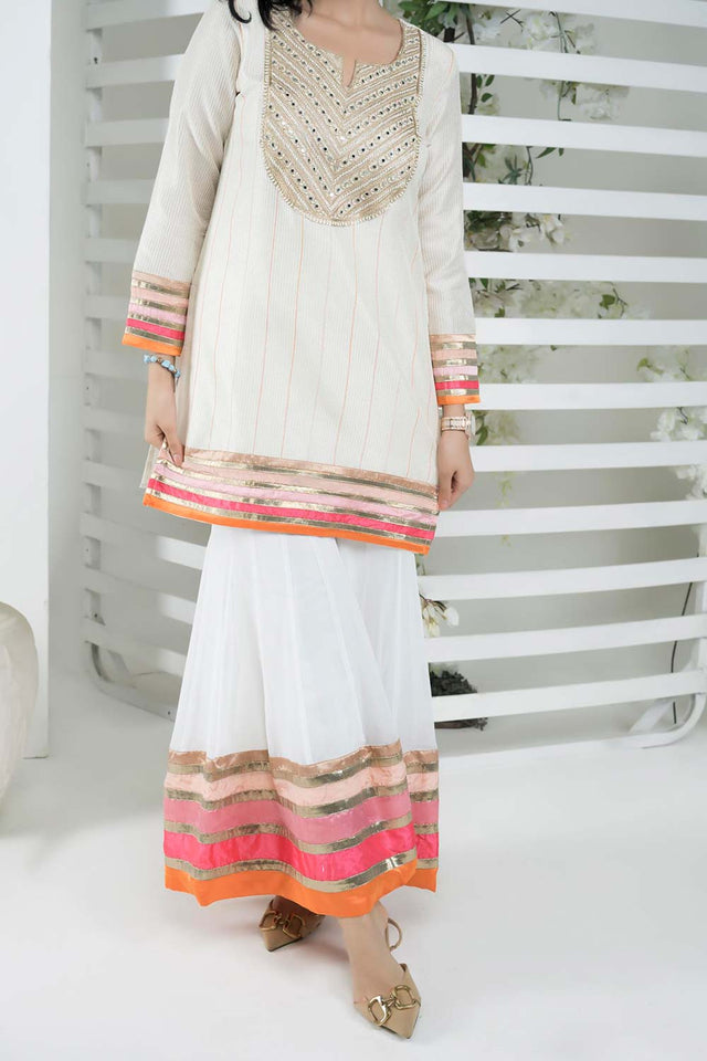Off-White Embroidered Art Silk Straight Cut Sharara Suit Set
