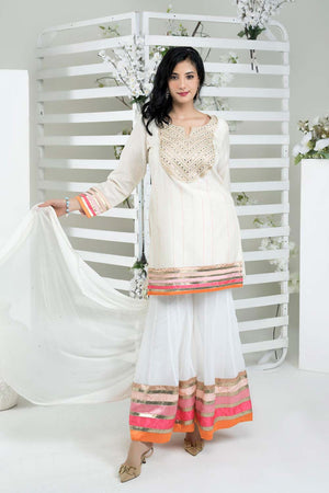 Off White Art Silk Stitched Sharara Suit Set